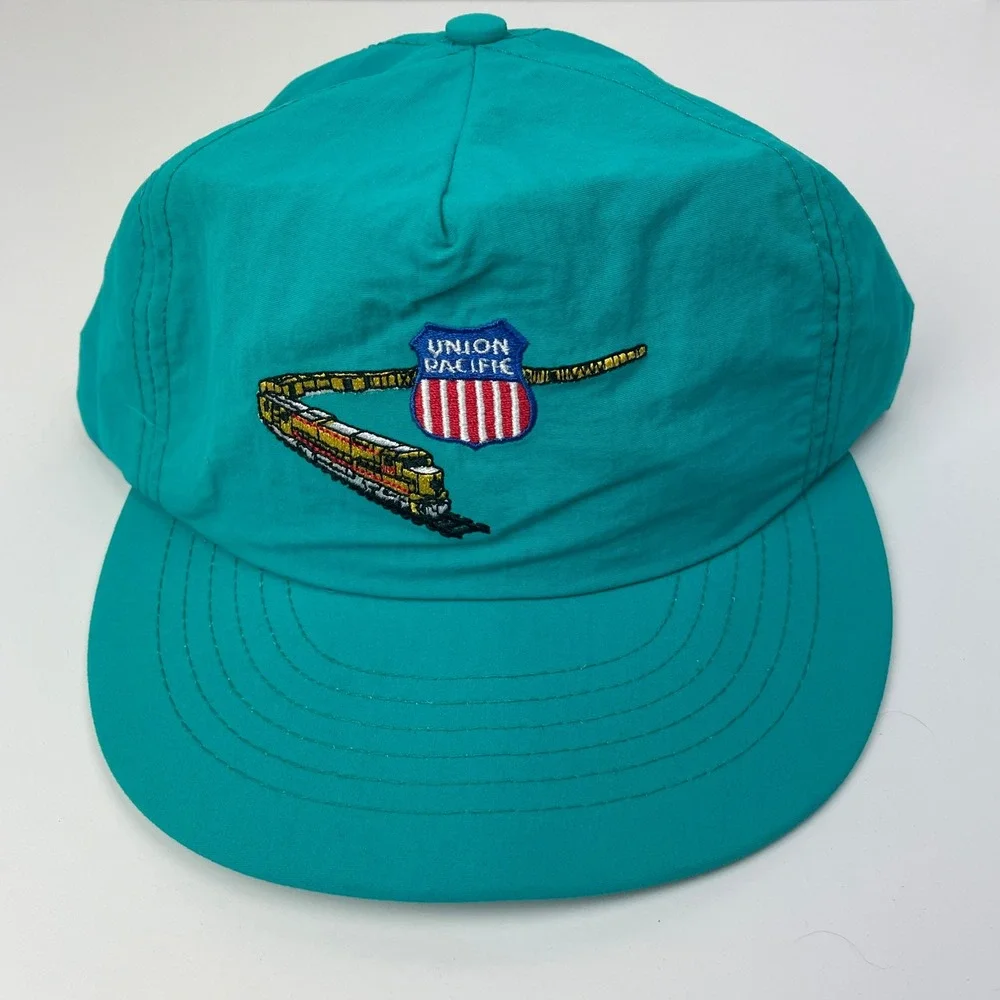 Vintage Union Pacific Railroad Cap America Teal Blue Train Locomotive Snapback